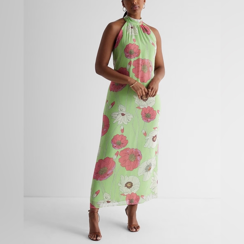 Express Lime Green Halter Maxi Dress with Pink and White Floral Print NWT